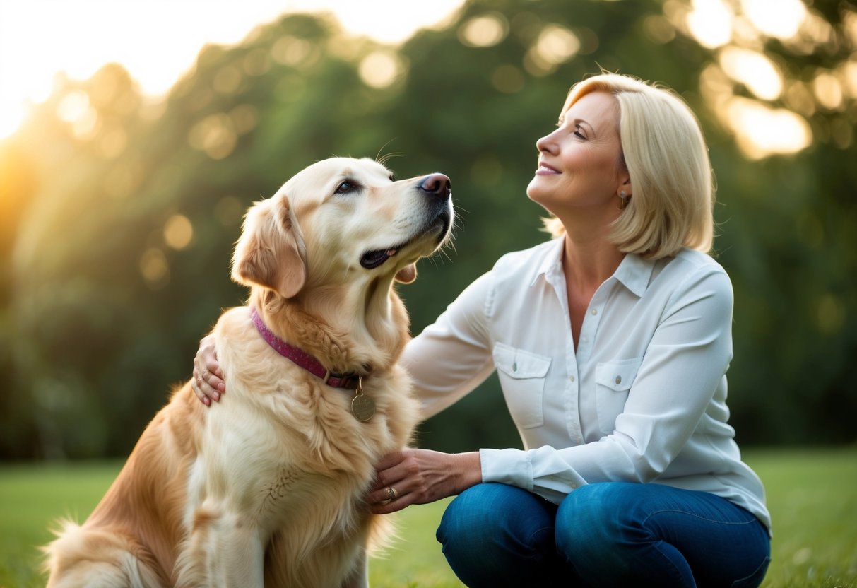 A golden retriever sitting faithfully by its owner's side, gazing up with adoring eyes