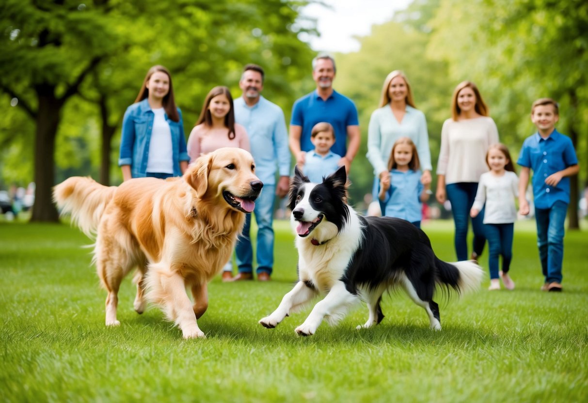 A golden retriever and a border collie playing in a lush green park, surrounded by smiling families and children