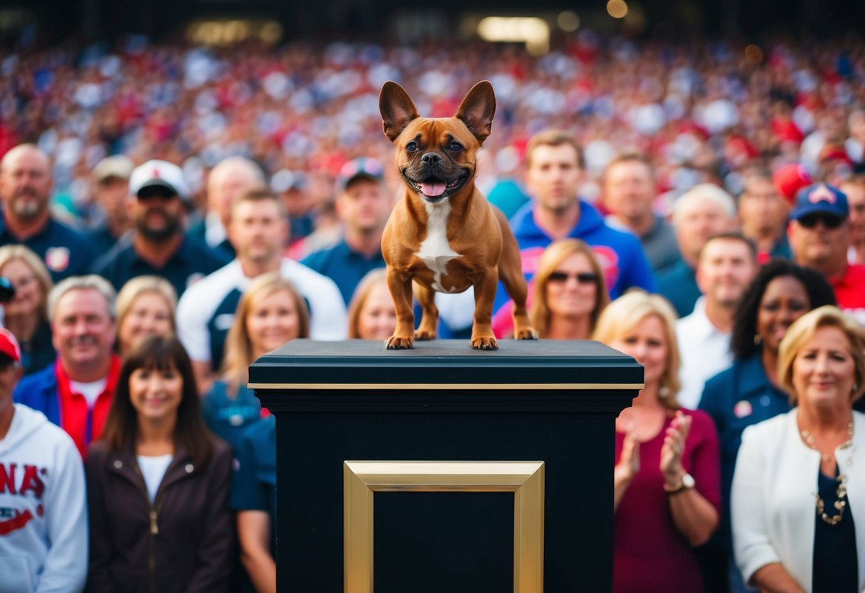 A small but fierce dog stands proudly on a pedestal, surrounded by adoring fans and fellow loyal breeds