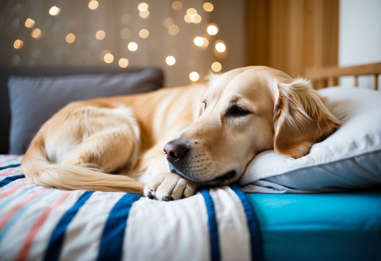 A loyal golden retriever sits beside a child's bed, watching over them as they sleep