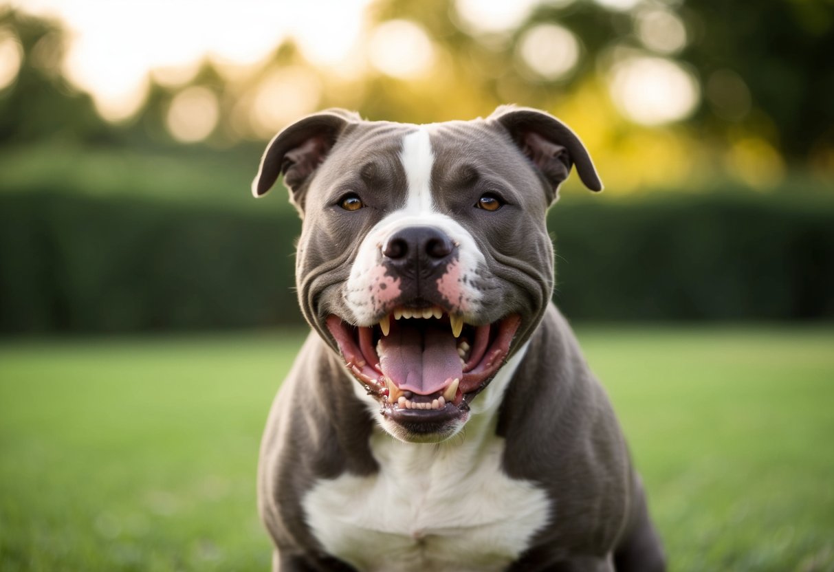 A snarling pit bull bares its teeth, standing defensively with raised hackles