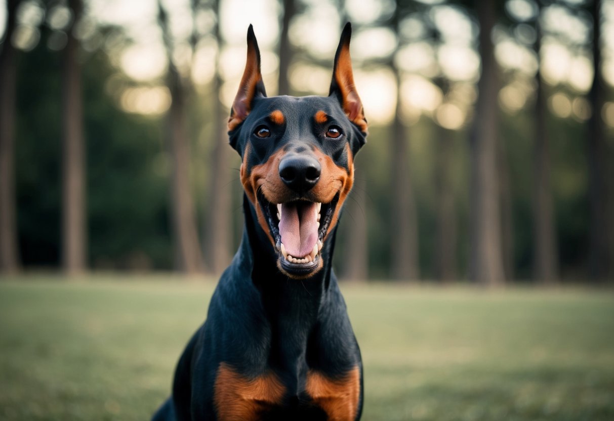 A snarling Doberman pinscher bares its teeth, standing tall and alert, with a menacing glare in its eyes