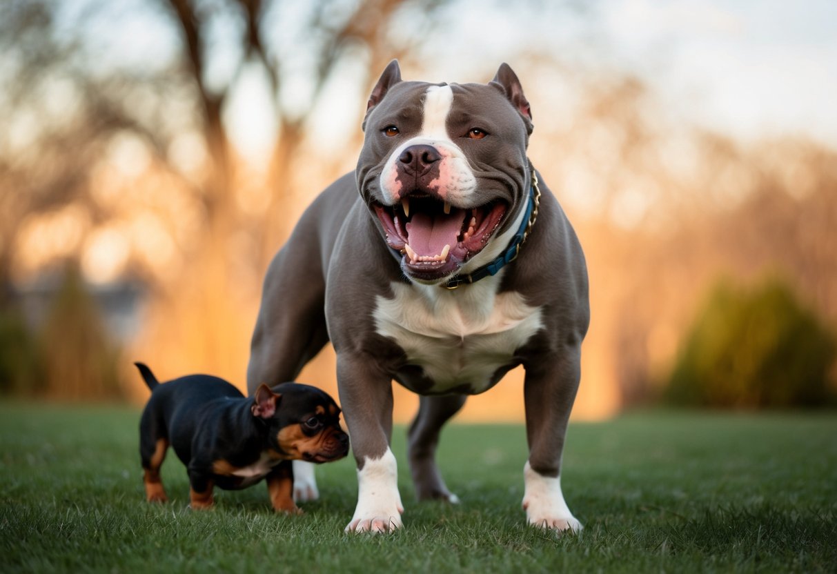 A snarling pit bull bares its teeth, standing over a cowering smaller dog