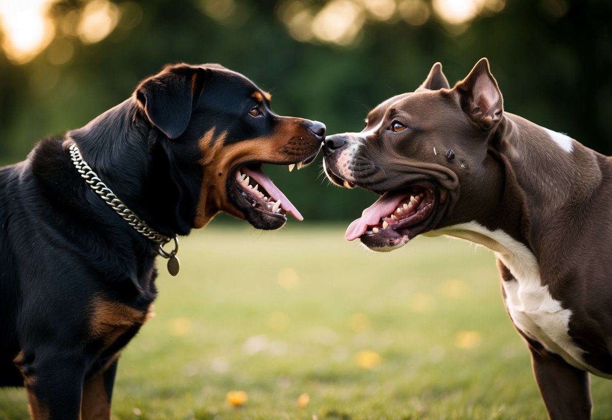 Two dogs, a Rottweiler and a pit bull, stand face to face, growling and showing their teeth in a defensive posture