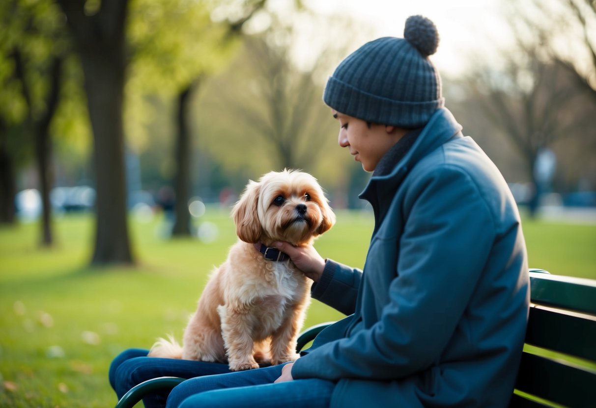 A small, fluffy dog sits next to a lonely person on a park bench, nuzzling their hand
