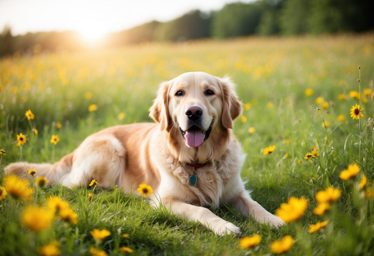 A golden retriever lies serenely in a sunlit meadow, surrounded by wildflowers and a gentle breeze