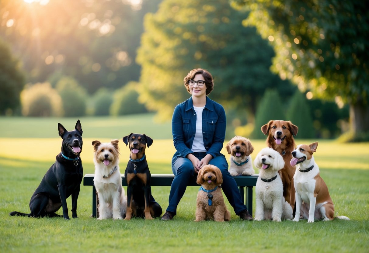 A person sitting alone on a bench, surrounded by various dog breeds eagerly vying for their attention