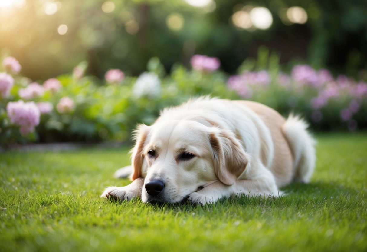 A serene dog peacefully resting in a tranquil garden, surrounded by blooming flowers and a gentle breeze