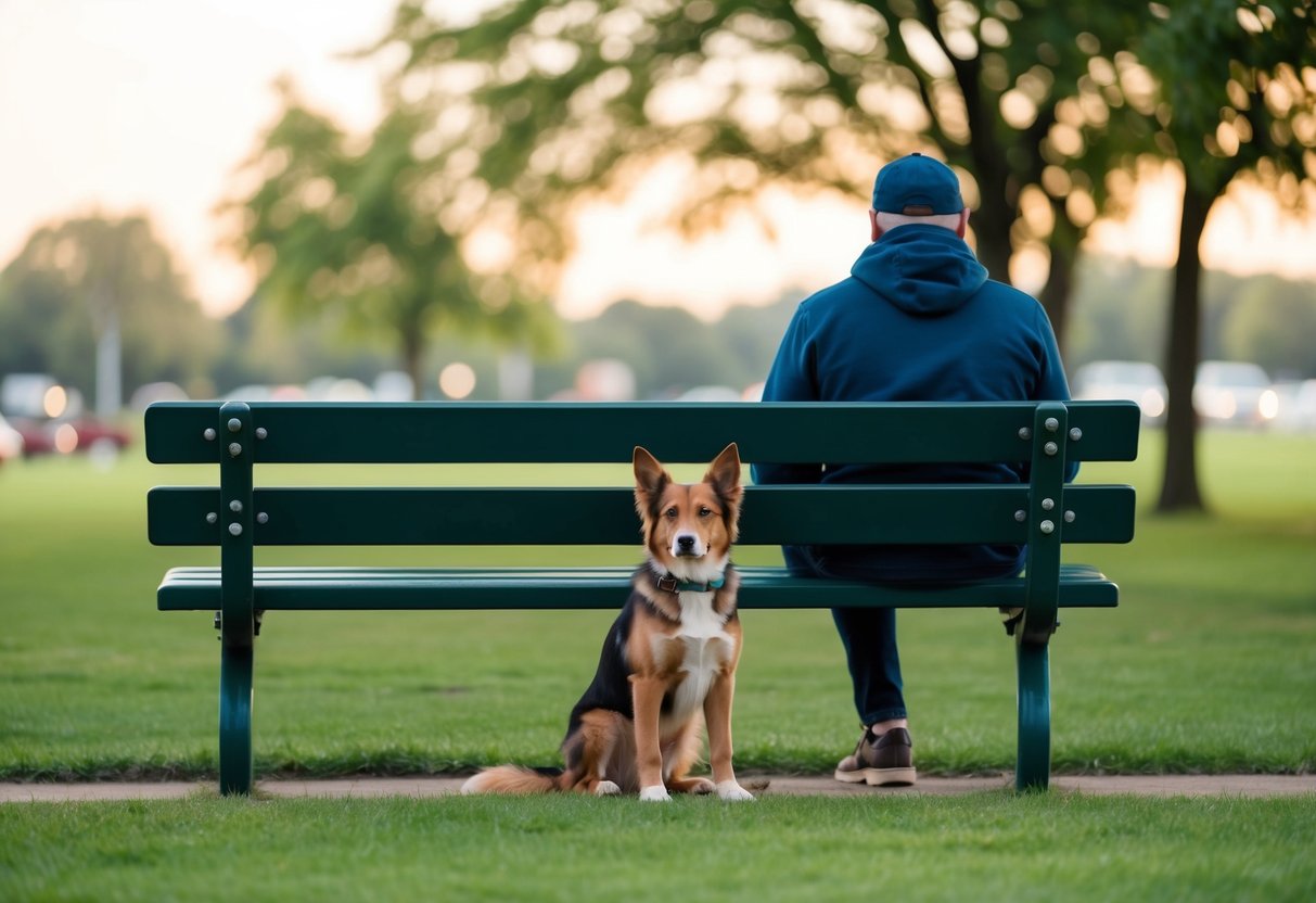 A person sitting alone on a park bench, with a loyal and friendly dog of a specific breed sitting next to them, offering comfort and companionship