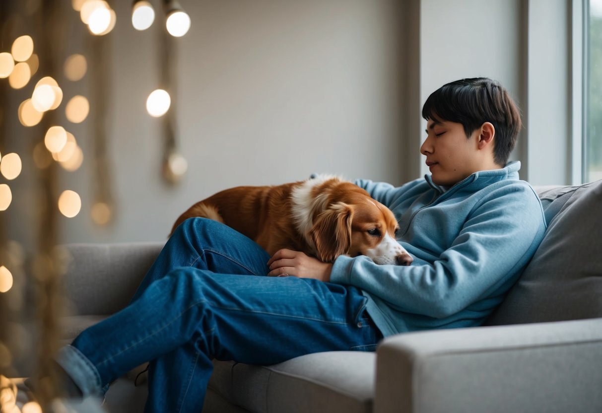 A person sitting alone on a couch, with a loyal dog resting beside them, providing comfort and companionship