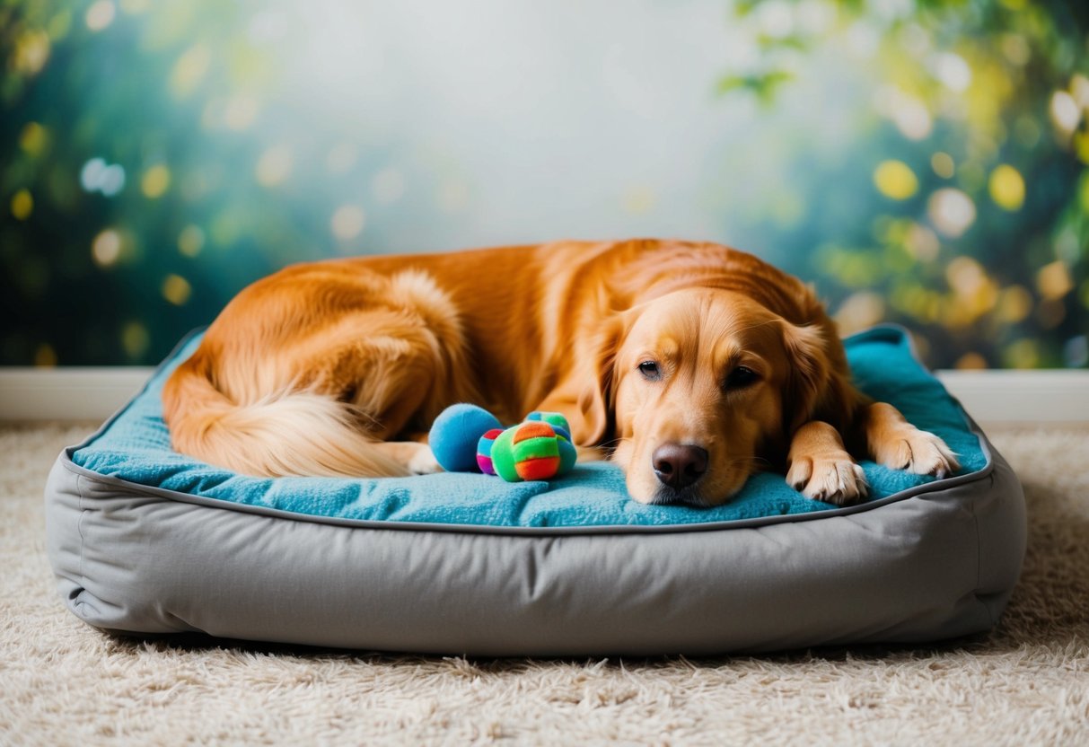 A golden retriever peacefully resting on a plush bed, surrounded by calming toys and a serene, nature-inspired backdrop