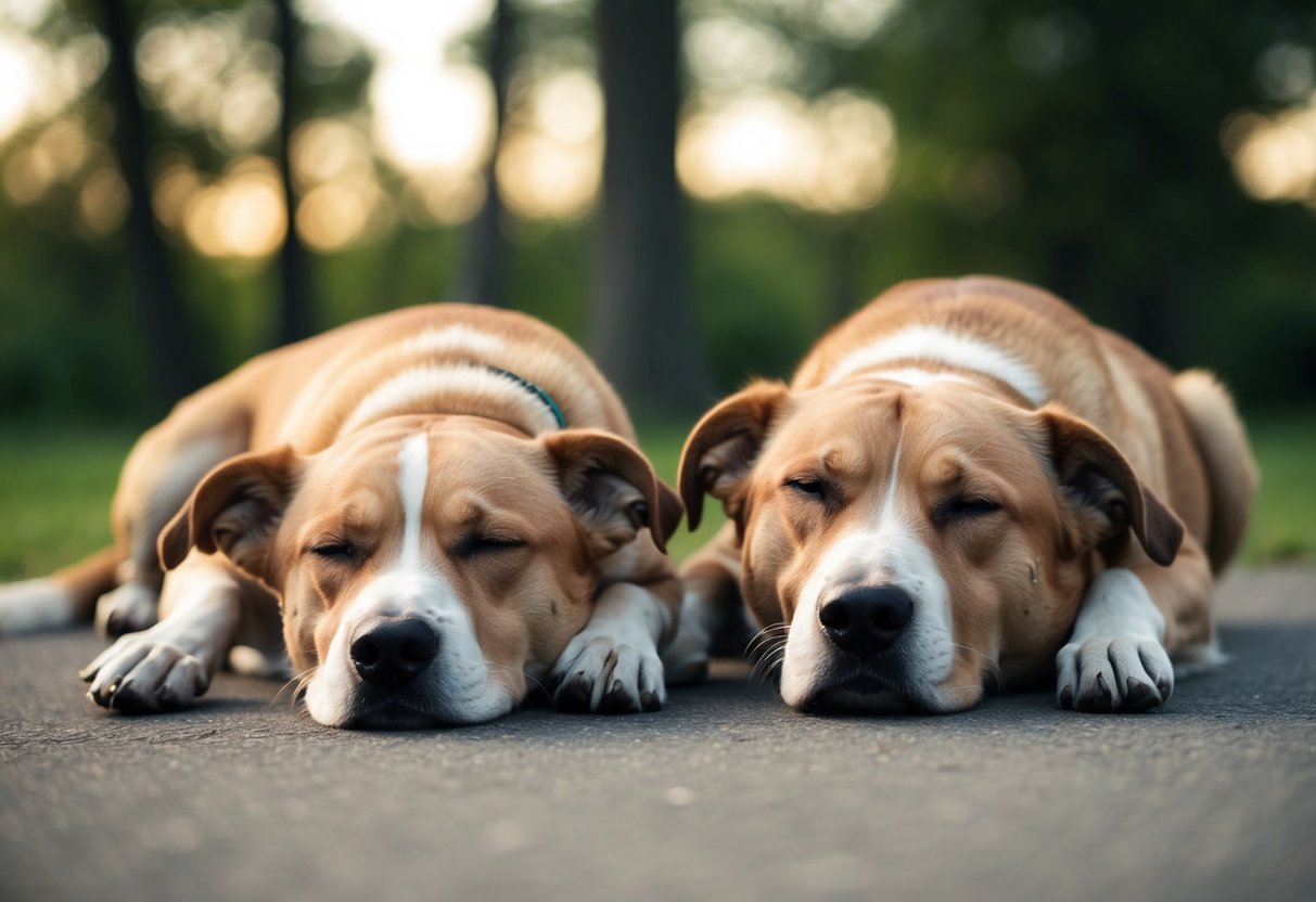 Two dogs lying side by side, one with closed eyes and relaxed posture, the other with a content expression and calm demeanor