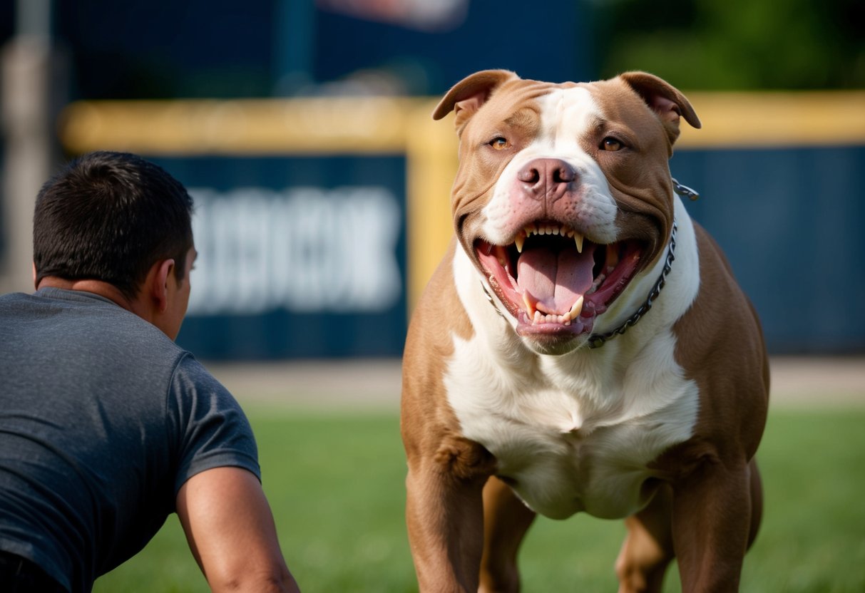 A snarling pit bull stands tall, teeth bared and muscles tense, its eyes locked on a cowering opponent