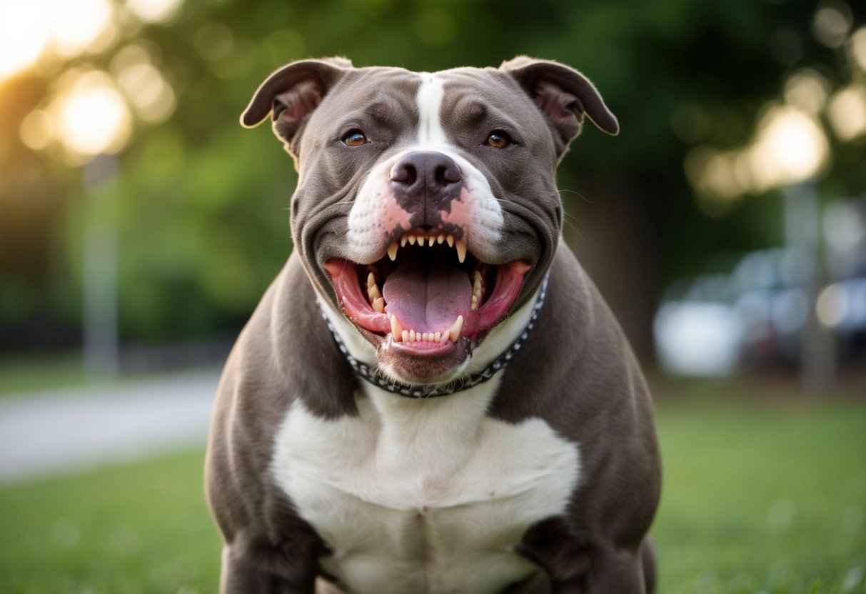 A snarling pit bull stands tall, teeth bared, eyes locked in a fierce glare
