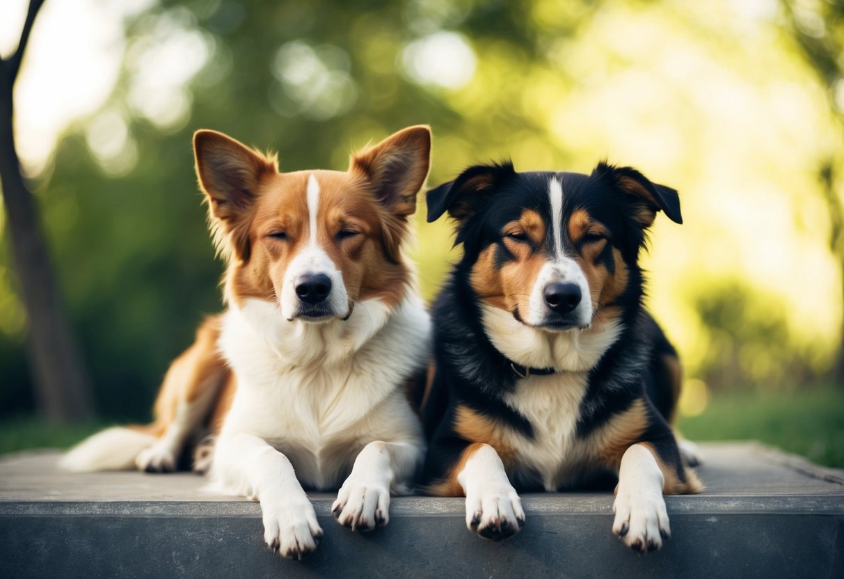 A male and female dog lying side by side, the male appears calmer with closed eyes and relaxed posture