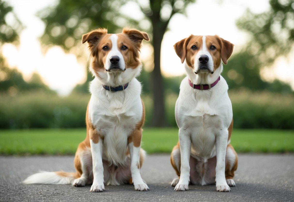 A serene male and female dog sitting side by side, with the male dog appearing more relaxed and calm
