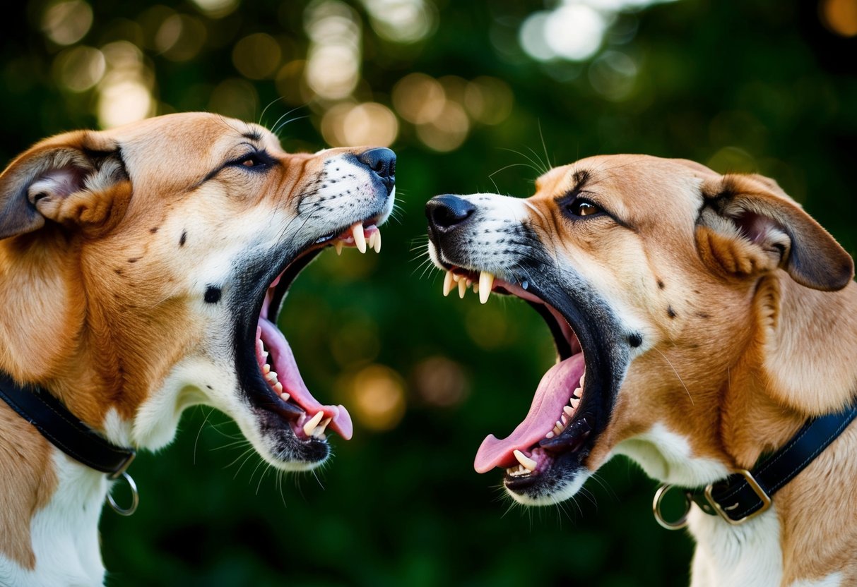 Two snarling dogs face off, teeth bared, growling aggressively