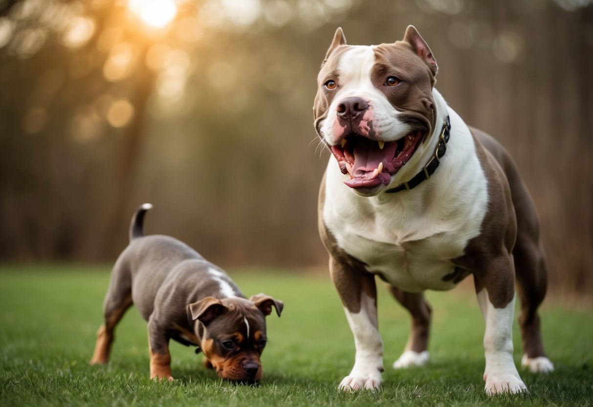 A snarling pitbull stands on guard, teeth bared, as a smaller dog cowers nearby