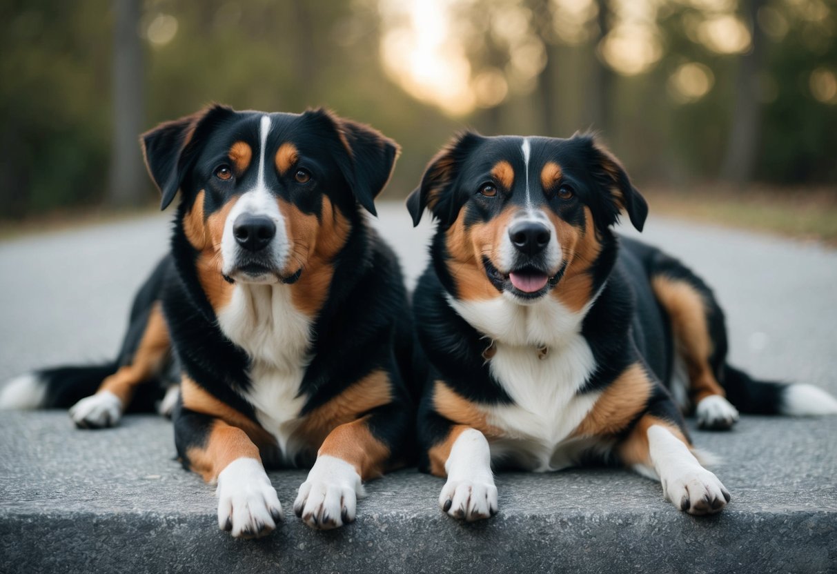 Two dogs, one male and one female, lying side by side. The male dog appears relaxed and calm, while the female dog is also calm but more alert