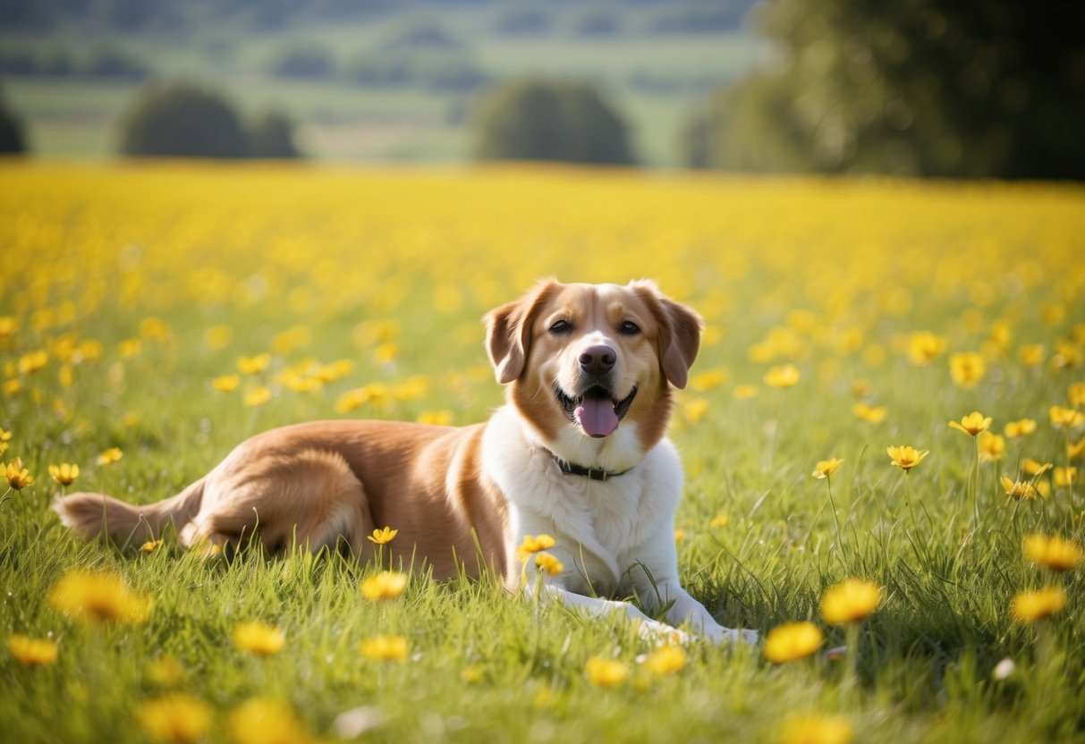 A contented dog lounging alone in a sunny, peaceful meadow