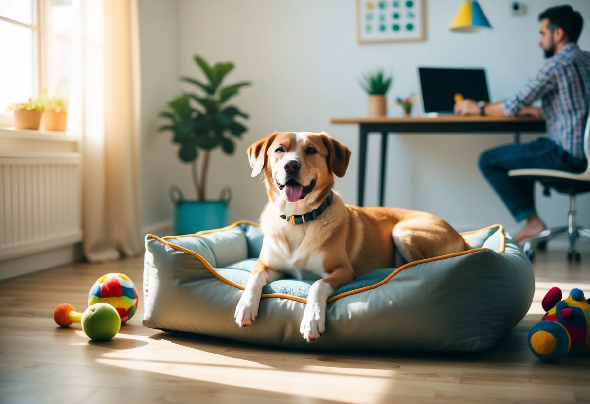 A contented, independent dog lounging in a sunlit room, surrounded by toys and a comfortable bed, while their owner works nearby