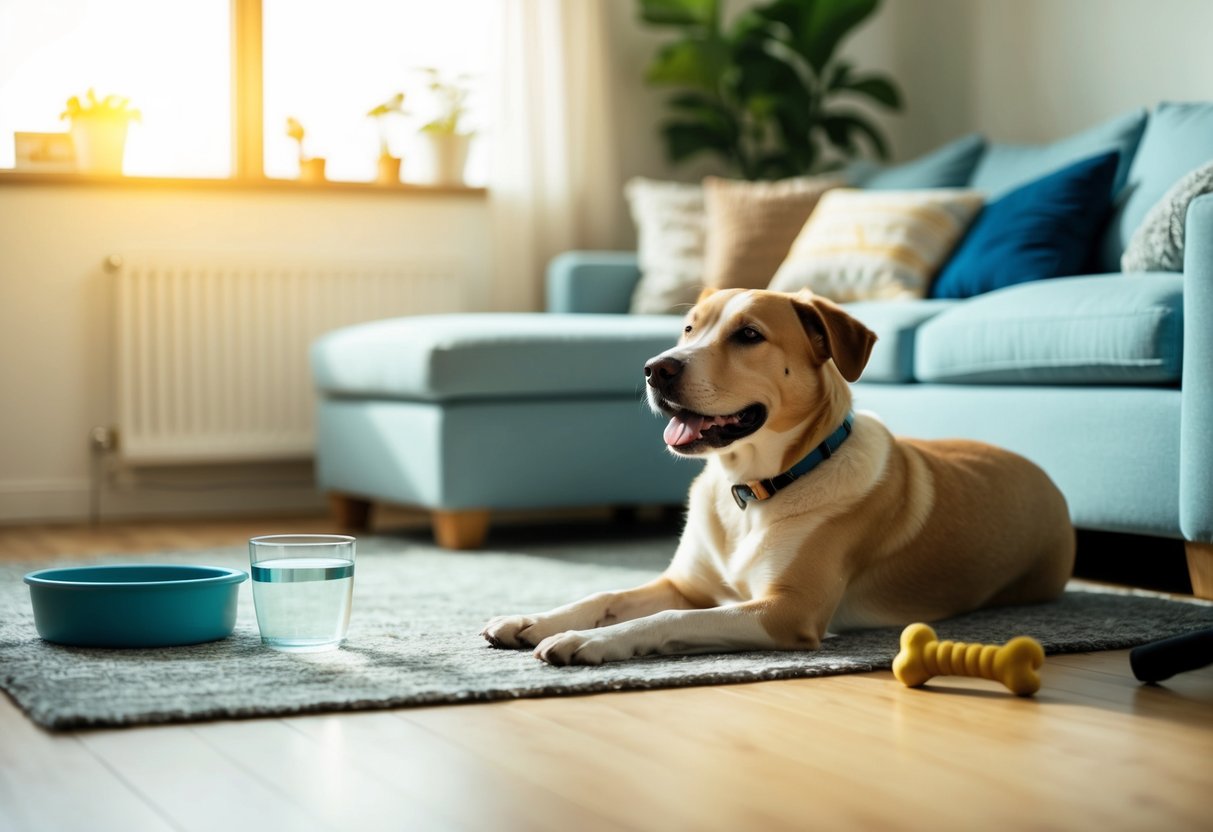 A contented, independent dog lounging in a sunny, clutter-free living room with a water bowl and chew toy nearby