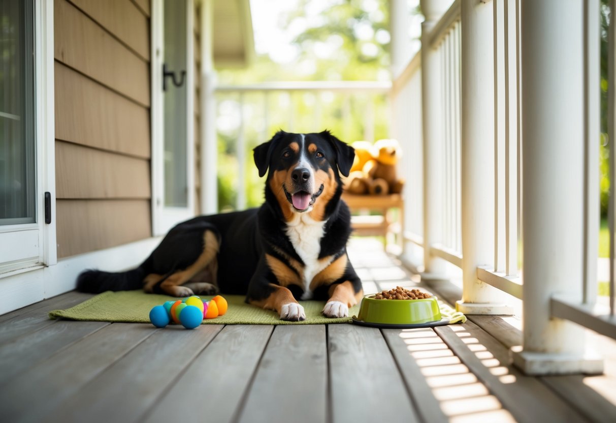 A contented, independent dog lounging on a sun-dappled porch, surrounded by toys and a full food dish