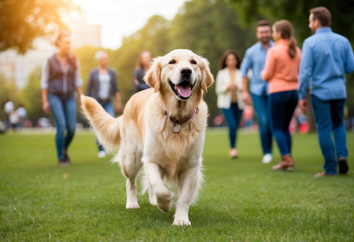 A golden retriever eagerly greets everyone at the park, wagging its tail and approaching strangers with a big smile