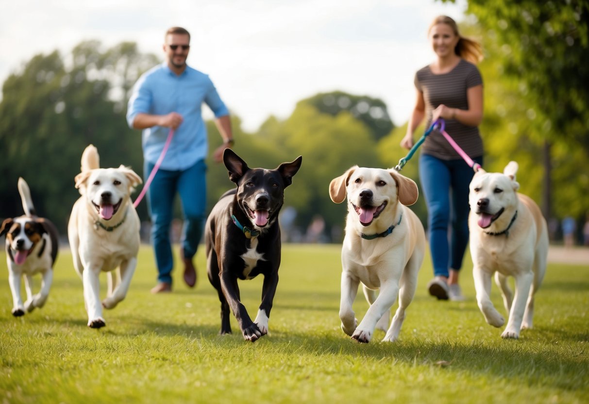 A group of dogs playing in a park, one dog eagerly greeting every passing person and dog