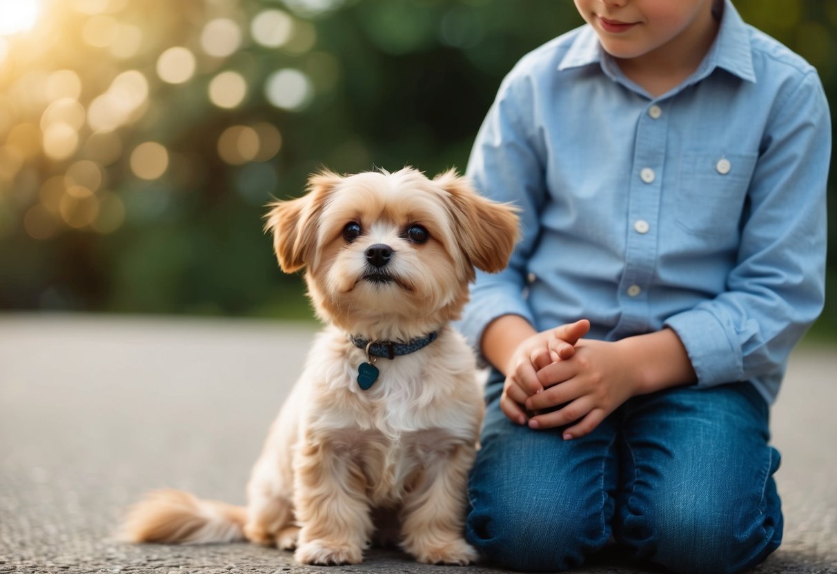 A small, fluffy dog sits peacefully beside a child, wagging its tail and looking up with gentle eyes