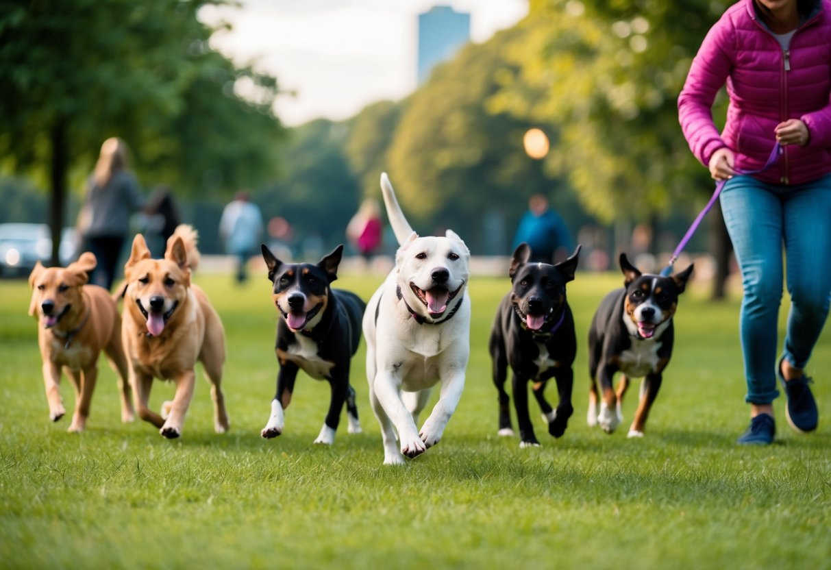A group of dogs playing in a park, one dog enthusiastically greeting every person and dog it sees