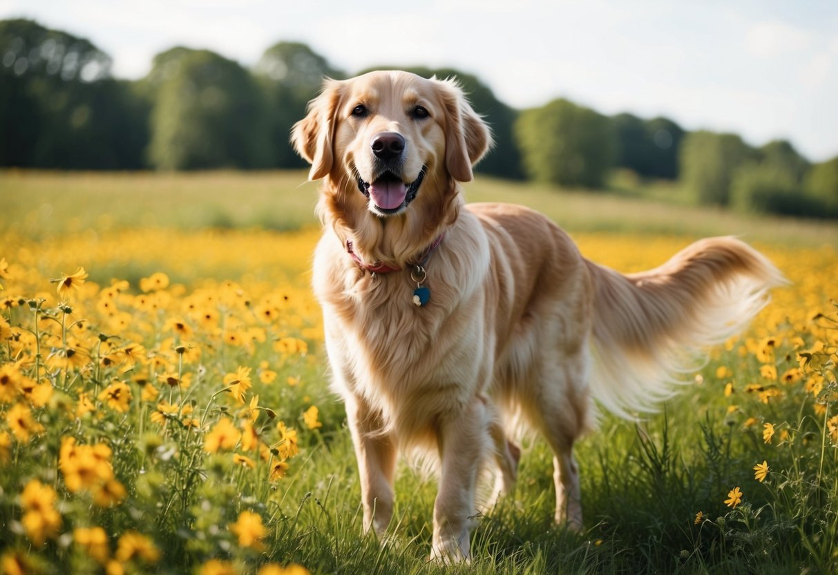 A golden retriever with flowing fur stands proudly in a field of wildflowers, the sunlight catching its glossy coat