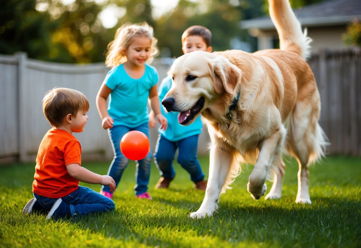 A golden retriever playing with children in a backyard