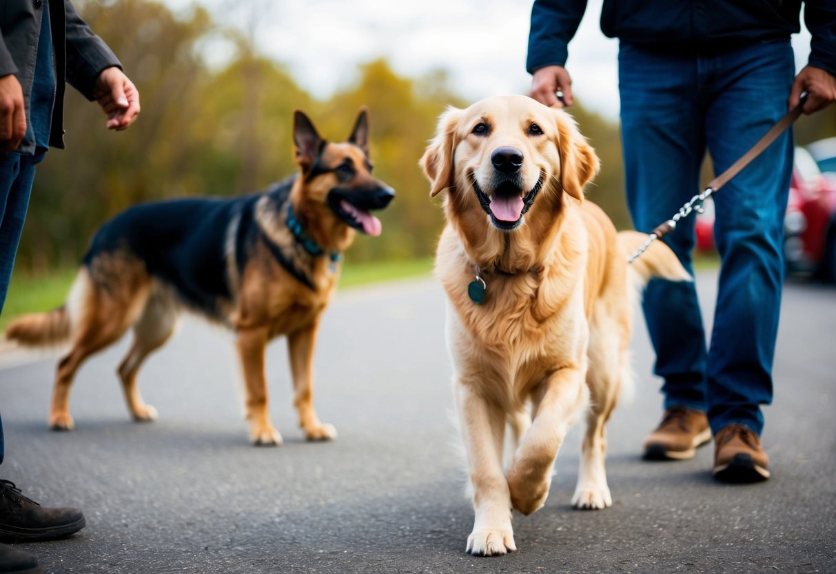 A golden retriever eagerly approaches strangers with a wagging tail and a big smile, while a cautious German shepherd keeps a watchful eye from a distance