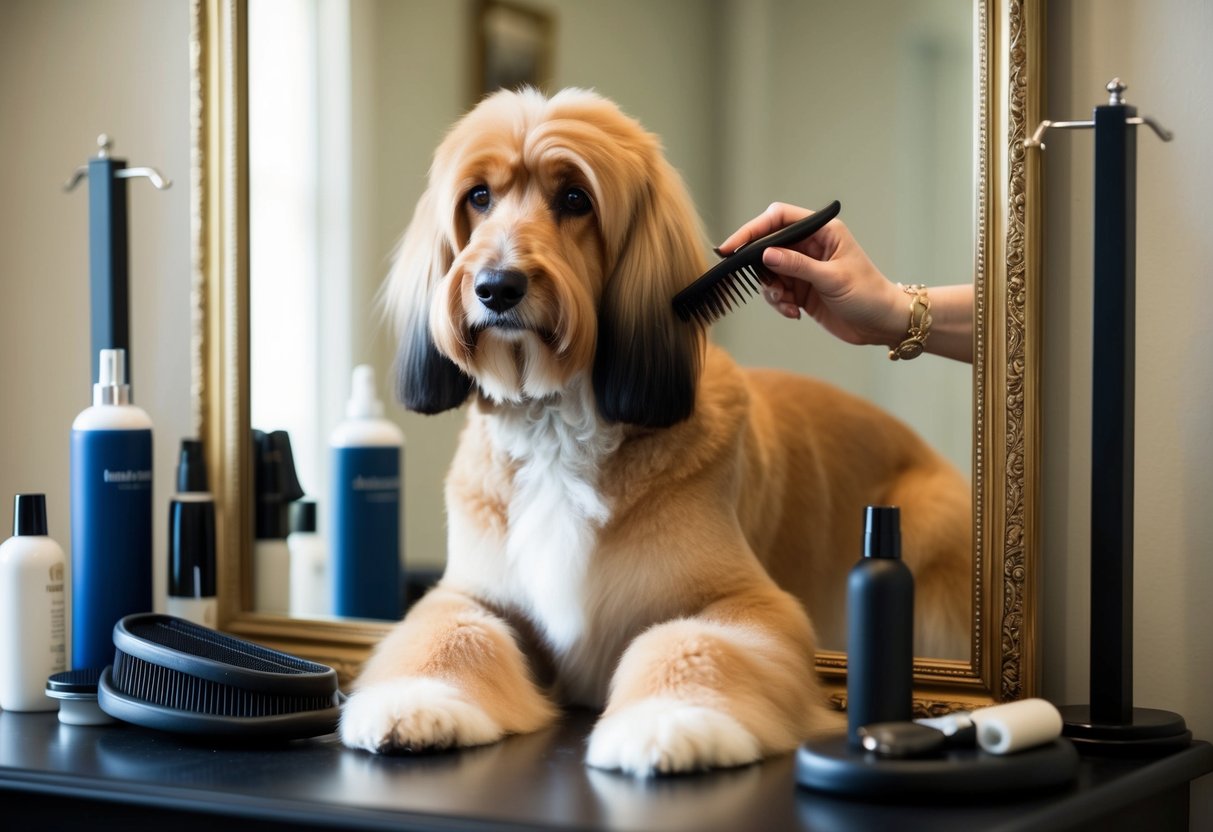 A fluffy, elegant Afghan Hound being groomed with care, surrounded by luxurious grooming supplies and a mirror reflecting its stunning beauty