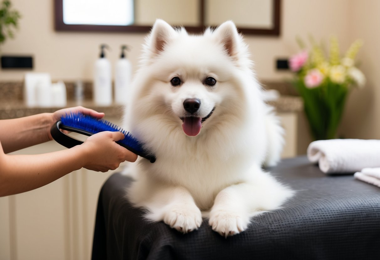 A fluffy white Samoyed dog being groomed and pampered in a luxurious spa setting