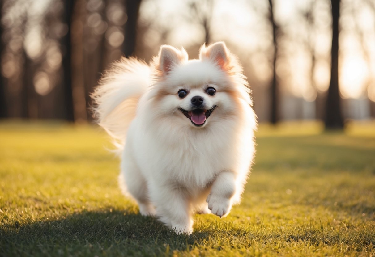 A small fluffy white pomeranian wagging its tail eagerly