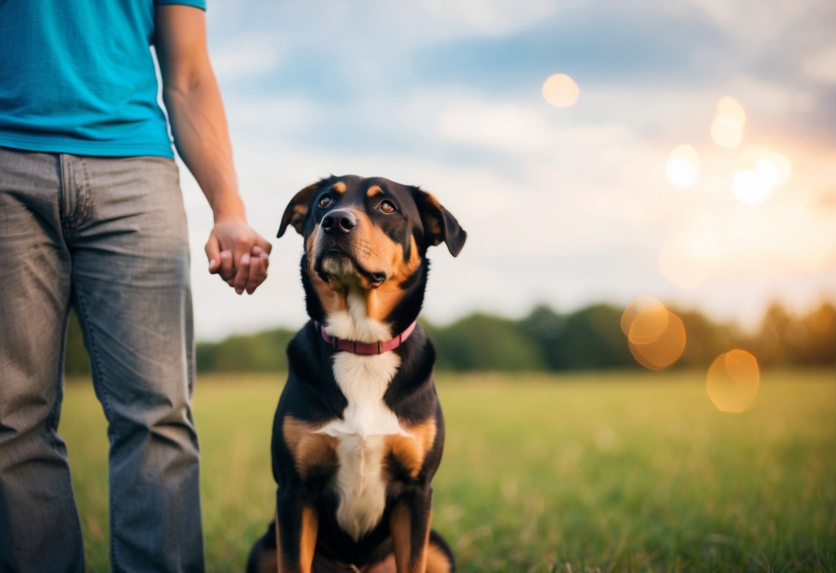 A loyal dog sitting by its owner's side, gazing up at them with adoring eyes