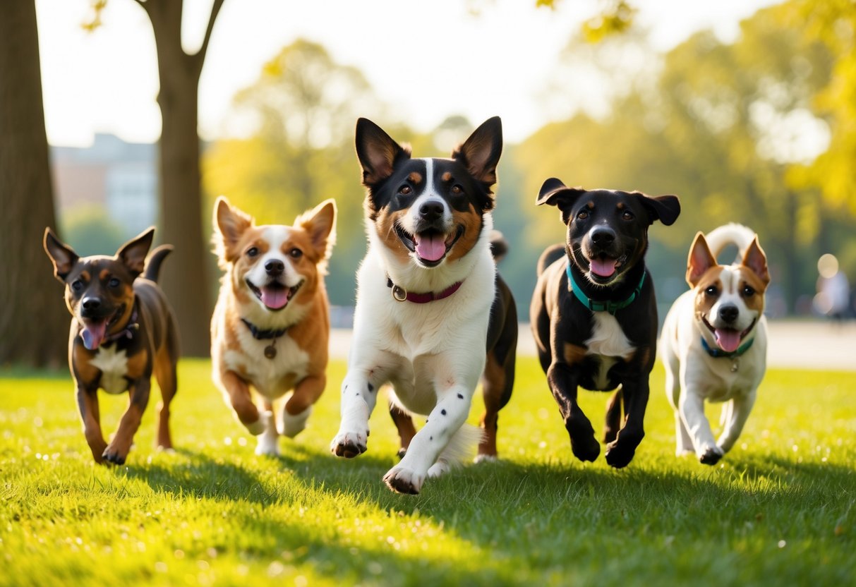 A group of popular cute dog breeds playing in a sunlit park
