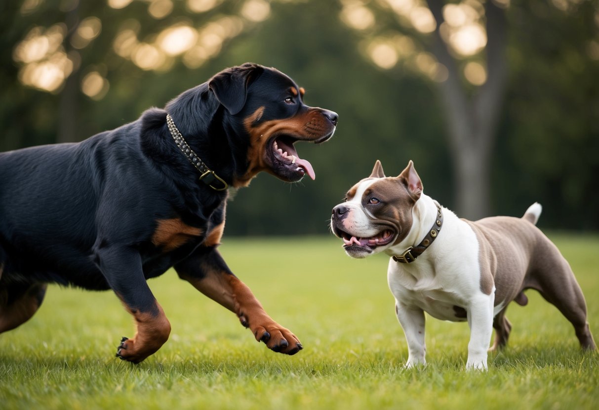 A snarling Rottweiler lunges at a cowering pitbull
