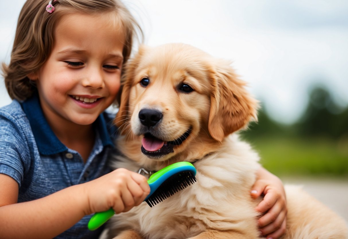 A fluffy golden retriever puppy being cuddled and brushed by a smiling child
