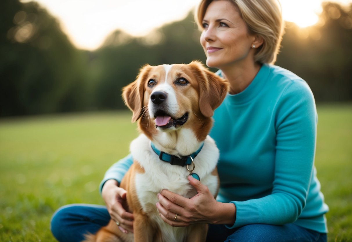 A loyal dog sitting by its owner's side, gazing up with adoring eyes