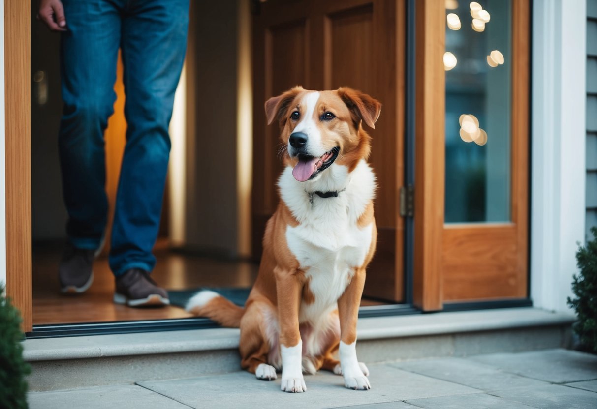 A loyal dog waits patiently by the front door, tail wagging and eyes fixed on the entrance, eagerly awaiting the return of its owner