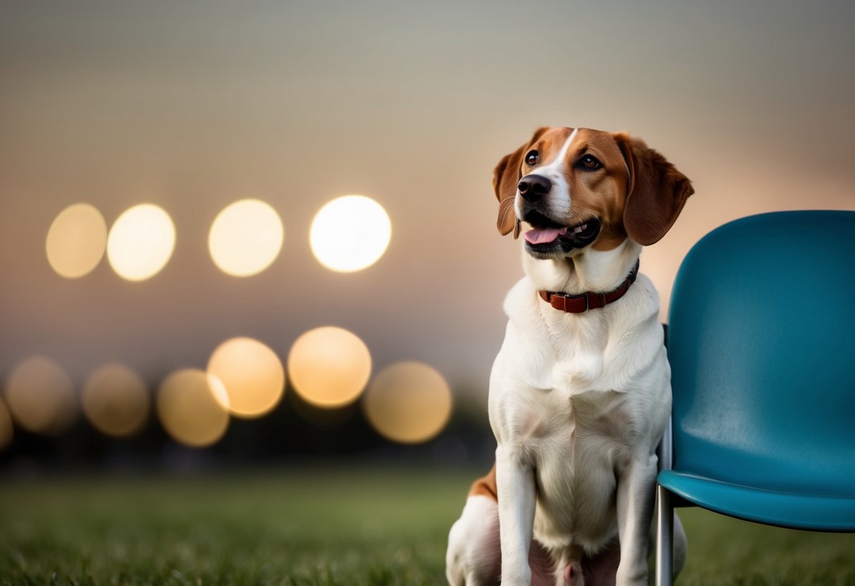 A loyal dog sitting beside a person's empty chair, looking up with attentive eyes and a wagging tail