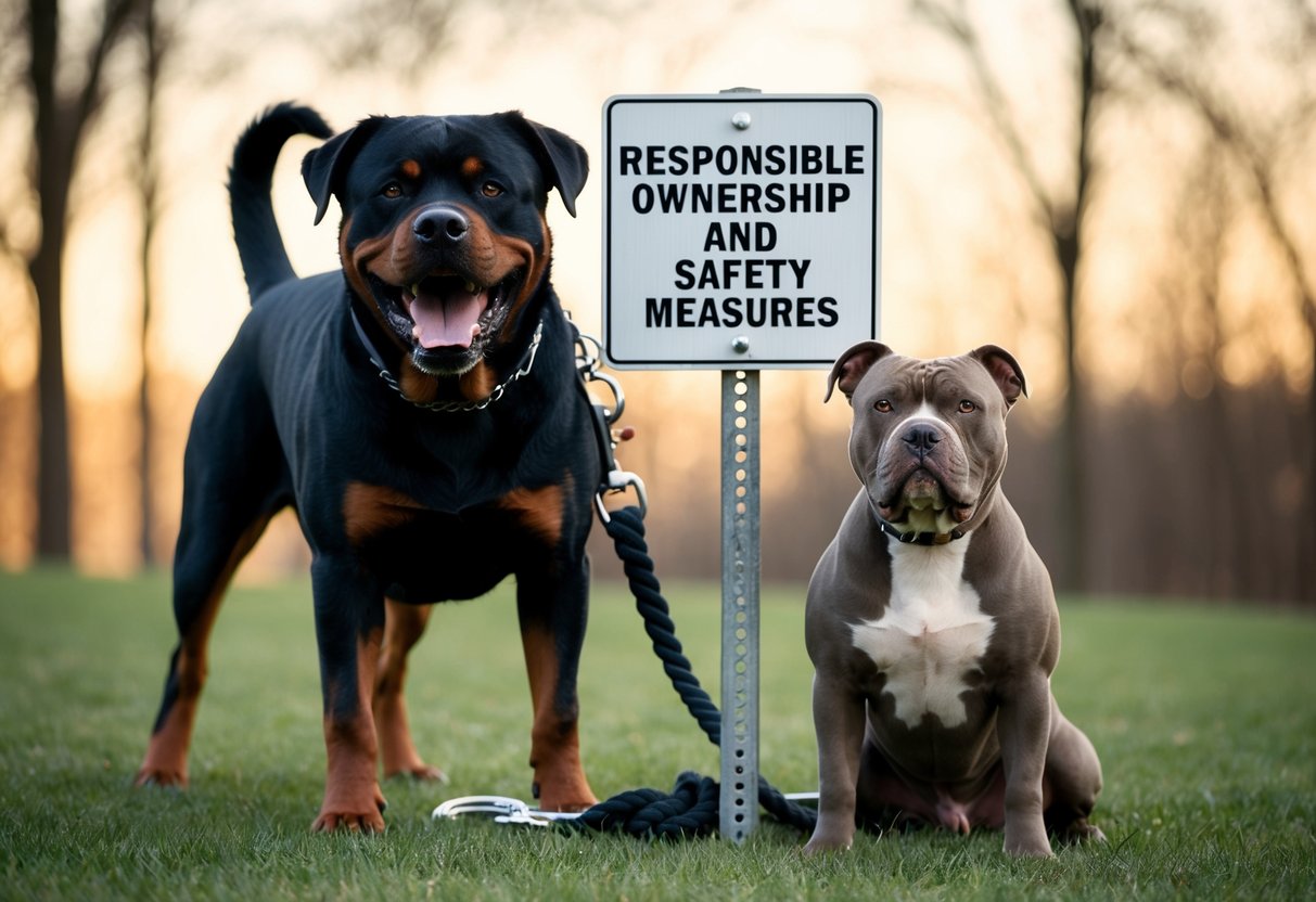 A snarling Rottweiler stands over a broken leash, while a calm pitbull sits obediently beside a "Responsible Ownership and Safety Measures" sign