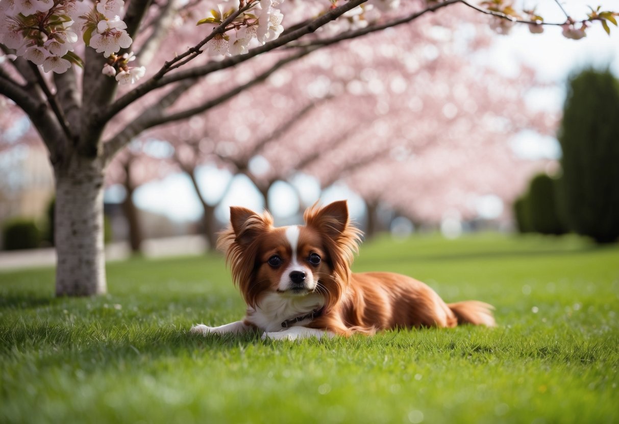 A small brown dog lying peacefully under a blossoming cherry tree