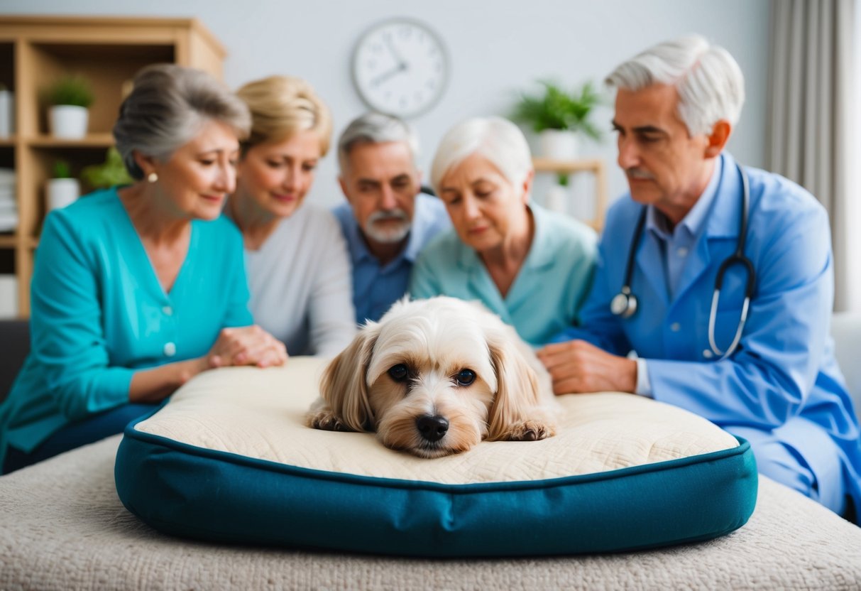 A small, elderly dog lying on a cozy bed surrounded by concerned family members and a sympathetic veterinarian