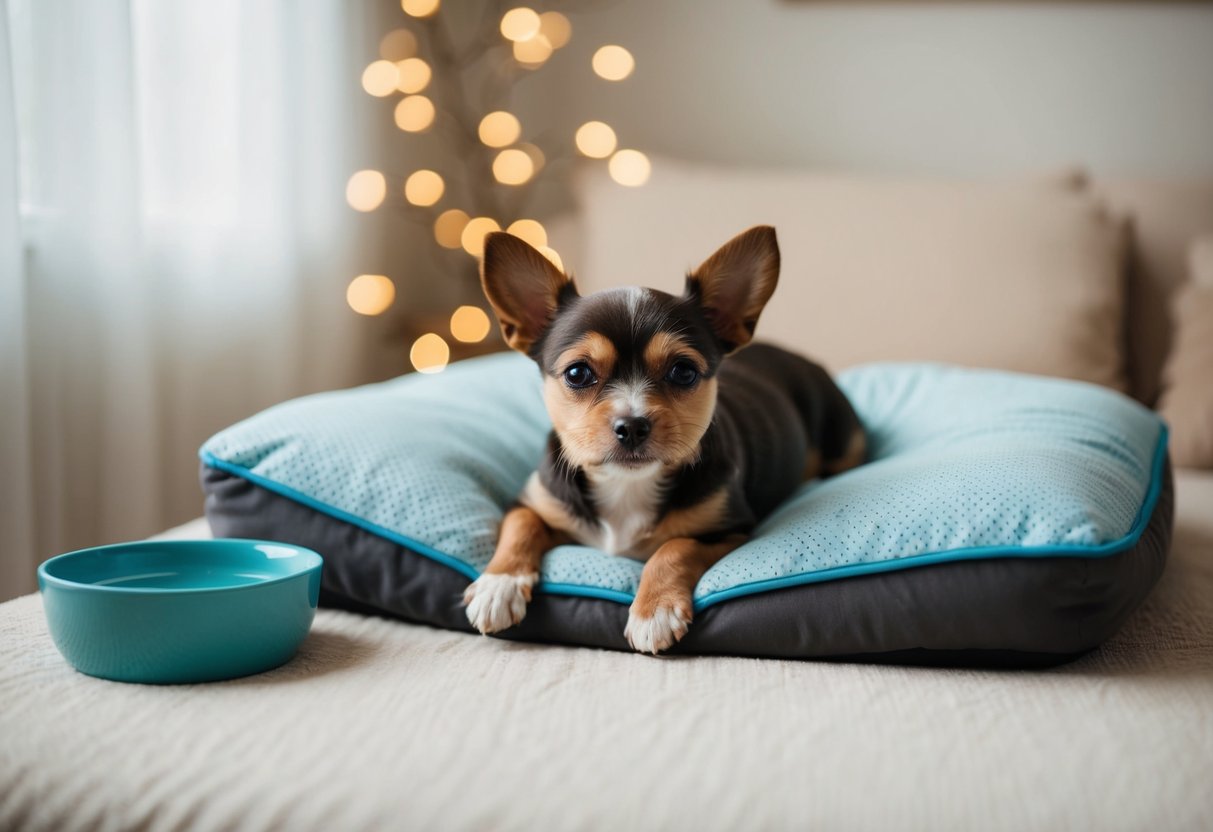 A small breed dog lying peacefully on a comfortable bed with a bowl of fresh water nearby