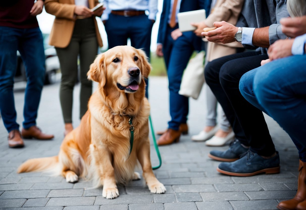 A Golden Retriever sits calmly by its owner's side, watching attentively as they engage in conversation with a group of people