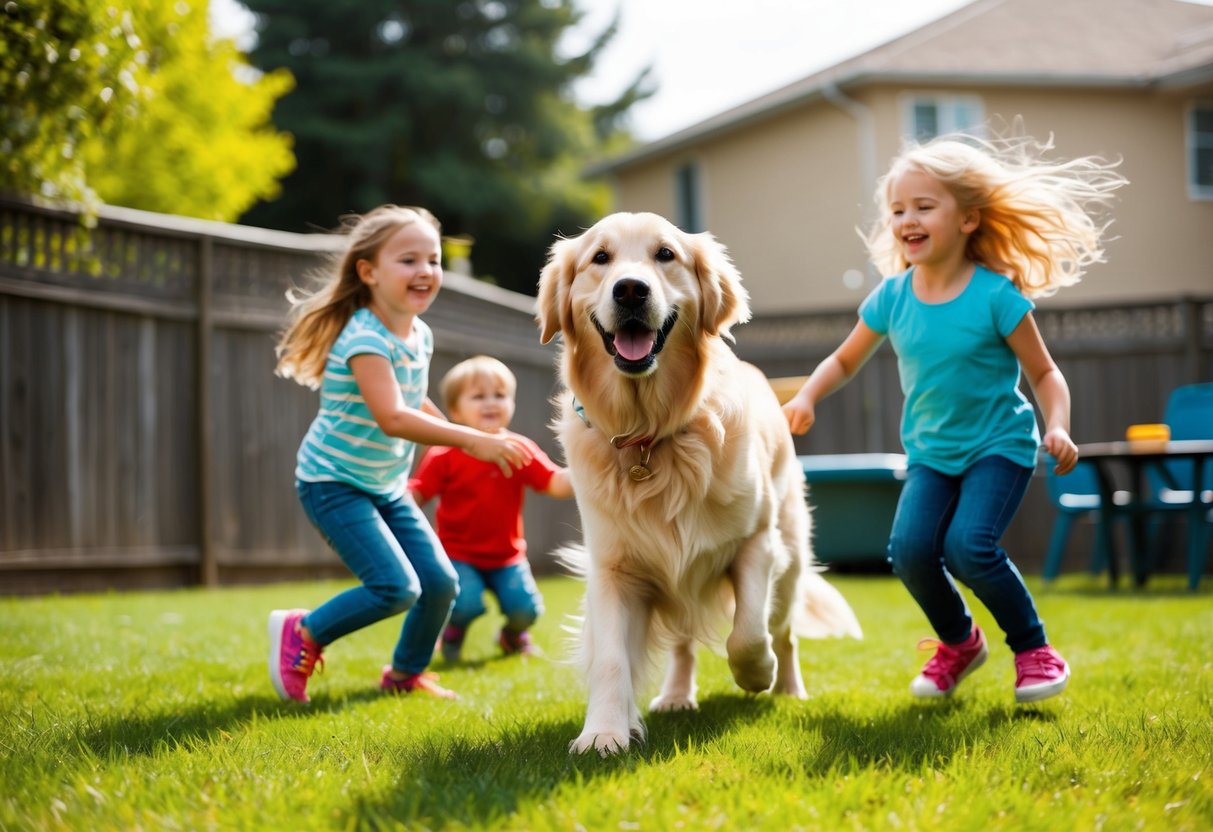 A joyful Golden Retriever playing with children in a backyard